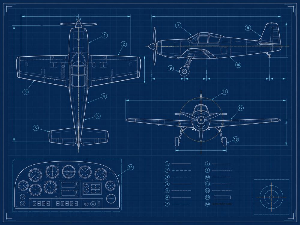 Blueprint cutaway drawing of a light aircraft cockpit instrument panel