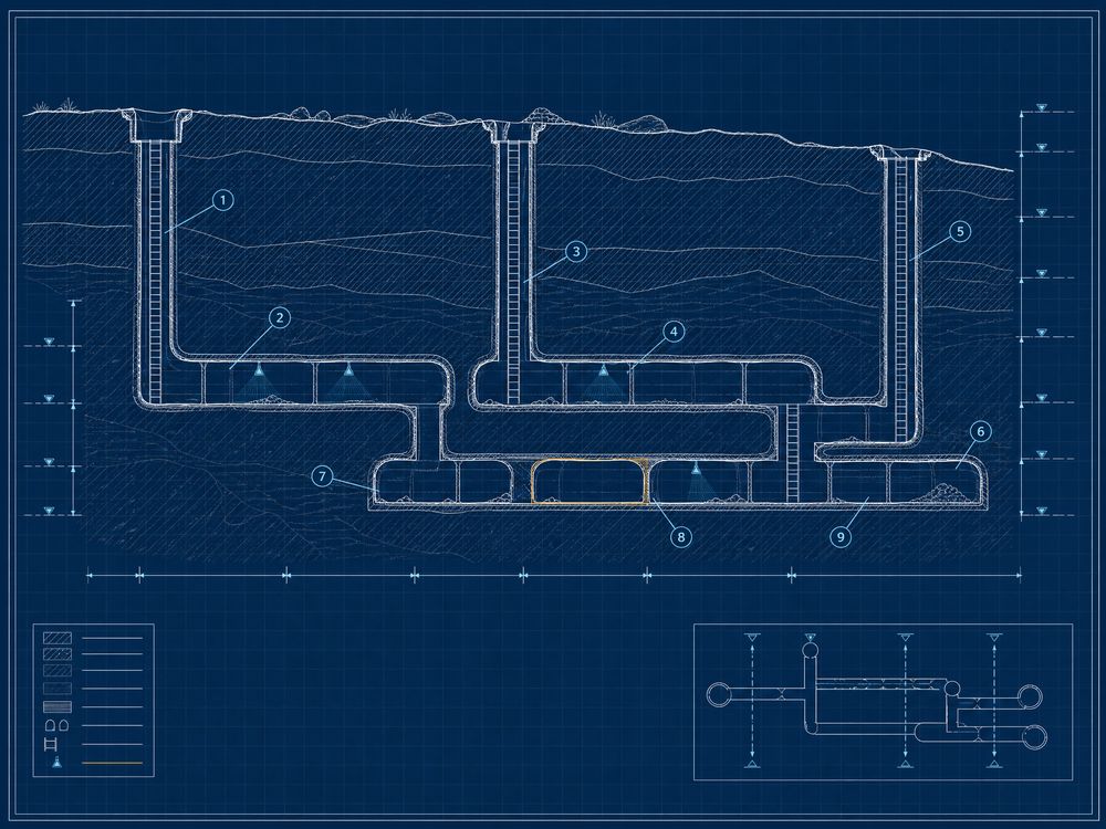 Blueprint schematic of a transit network with junctions and platform detail