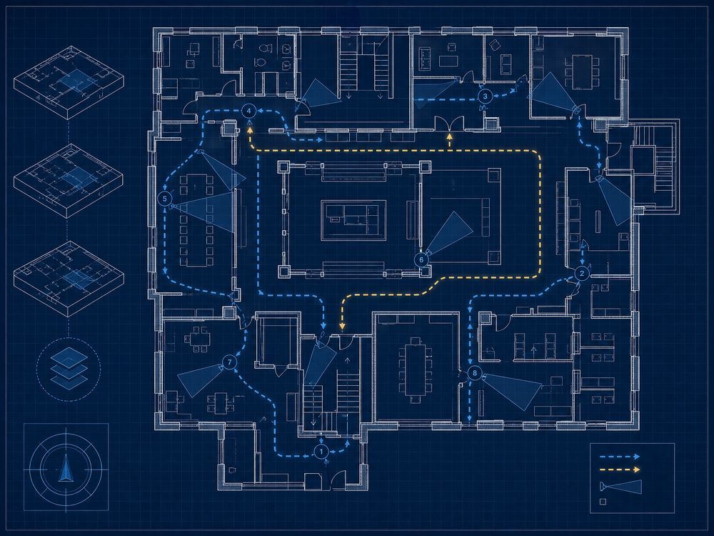 Blueprint diagram of overlapping guard patrol cones across a floor plan
