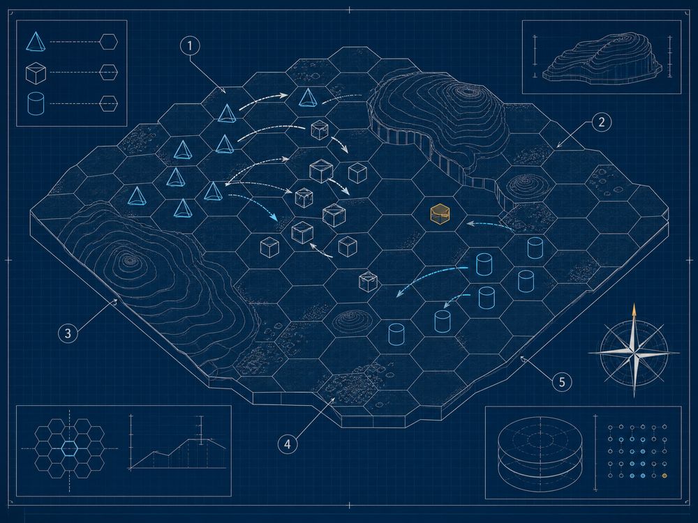 Blueprint diagram of a hexagonal tactics grid with unit range overlays