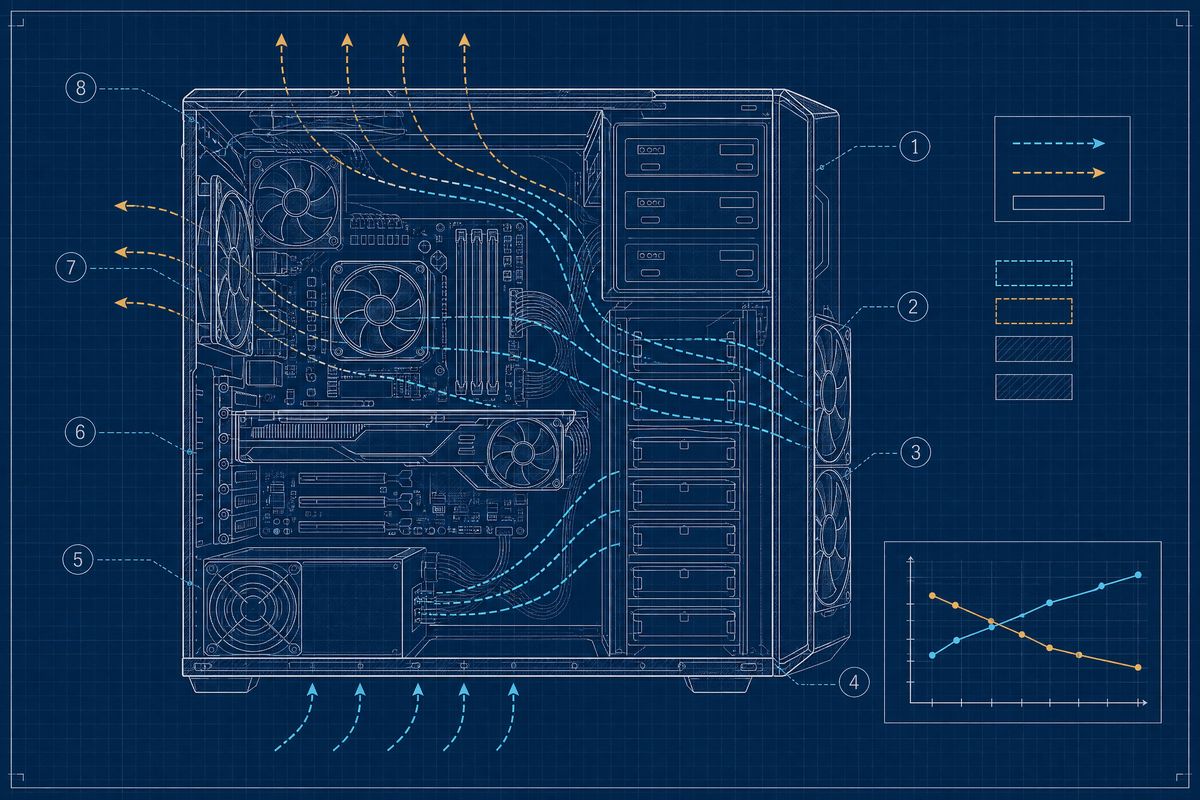 Blueprint drawing of a test bench with four labelled computers